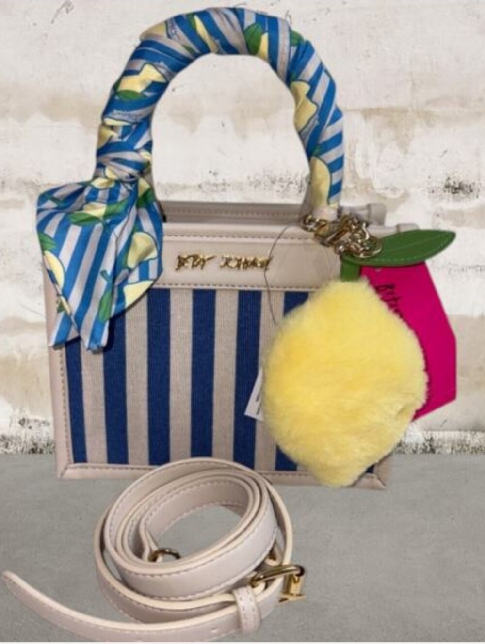 Betsey Johnson Blue Stripe Mini Satchel with Yellow Lemon Pom Charm NWT